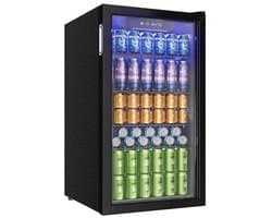Rolu Mini Koelkast – Blikjes Koeler – 90 Liter – 126 Blikjes - Luchtgekoeld 0 °C Tot 16 °C – Glazen Deur – LED Verlichting