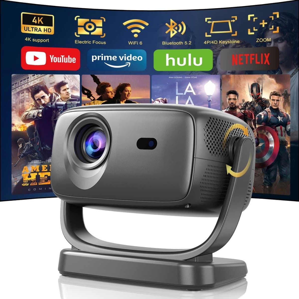SnelShoppen - Smart Projector 4K Supported, 26000 Lumens Native 1080P Draagbare Projector met 4P/4D Keystone, Zoom, Elektrische Focus, WiFi 6, Bluetoo — afbeelding 1