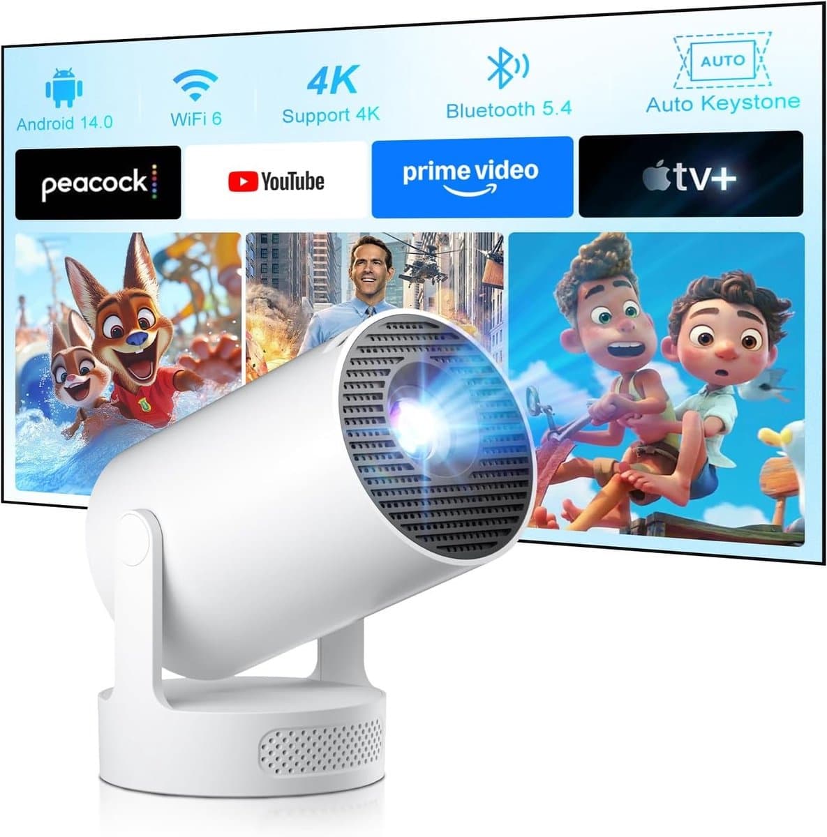 Mini Beamer - Draagbare Projector - 4K en 1080P Ondersteuning - Android 14.0 Smart TV - Voor Thuis en Buiten — afbeelding 1