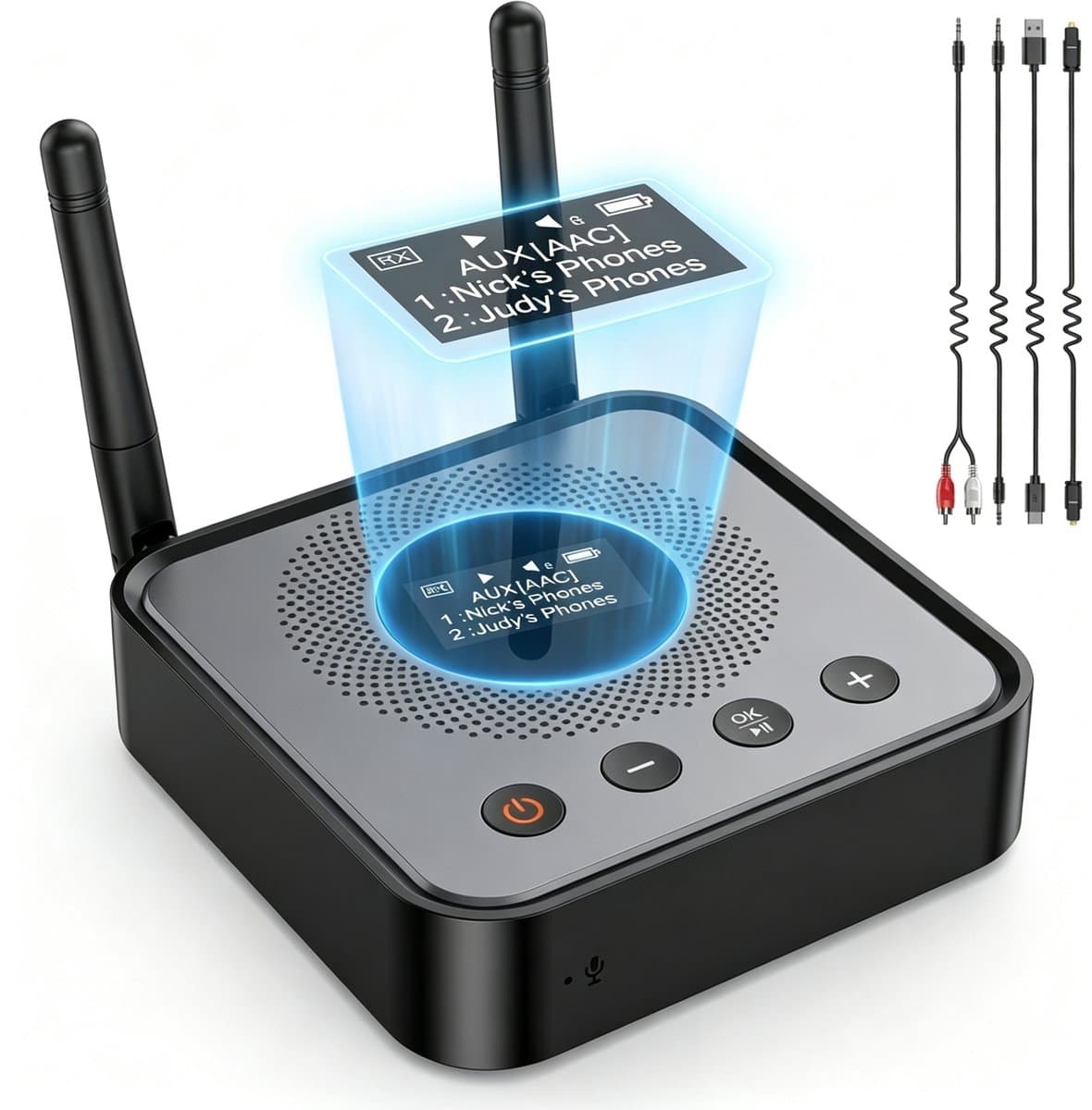 Fokelyi - Bluetooth-ontvanger/zender - Audio/tv/computersystemen met ondersteuning voor OLED-display/lage latentie/HD Bluetooth-audioadapter, uitgerust met USB/optische/RCA/3,5 mm AUX-ingang/uitgang. — afbeelding 1