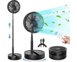 Staande Ventilator Opvouwbaar met 8000mAh Accu – Stil, 4 Standen, Afstandsbediening en 70° Oscillatie