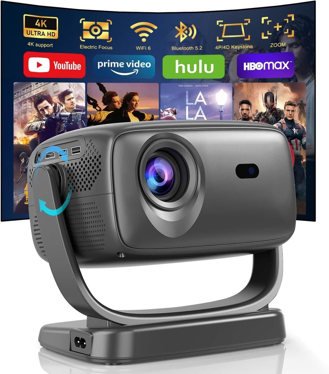 SnelShoppen - Beamer 4K Thuisbioscoop Projector met Elektrische Focus, 180° Draaien, 26.000 Lux, Wifi 6, Bluetooth, Native 1080p, Trapeziumcorrectie v — afbeelding 1