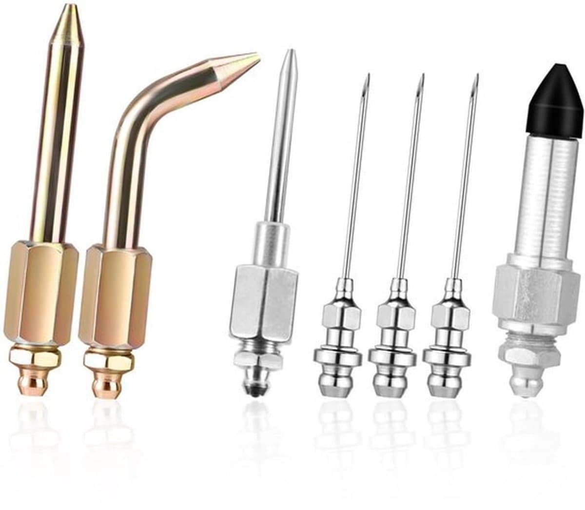 7-delige set vetspuitaccessoires, inclusief 3 vetspuitmonden, 1 naalddispenser, rubberen afdichtingsnippel, rechte spuitmond, 1 gebogen naald voor kleine en gesloten ruimtes — afbeelding 1