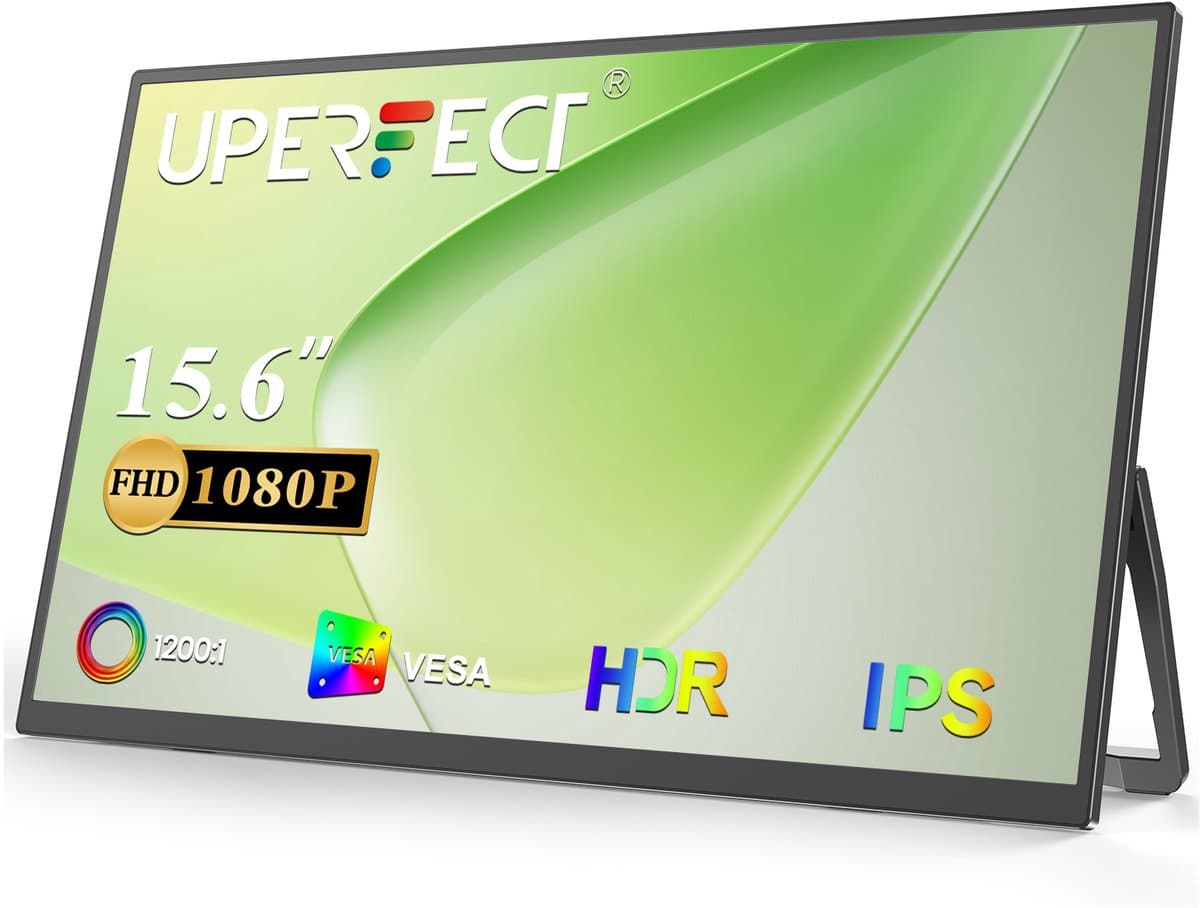 UPERFECT 15.6" Draagbare monitor-1920x1080 FHD IPS-extern scherm -met geïntegreerde standaard-USB-C- & Mini-HDMI-poort-tweede scherm voor laptop/telefoon/spelconsole-VESA-montage mogelijk — afbeelding 1