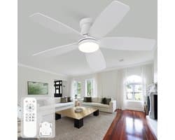 42 inch Plafondventilator - Verlichting - Afstandsbediening - 3CCT (instelbare kleurtemperatuur) - 6 snelheidsstanden met geheugen - 3 massief houten bladen - Tweekleurige afwerking (wit + natuurlijk hout)