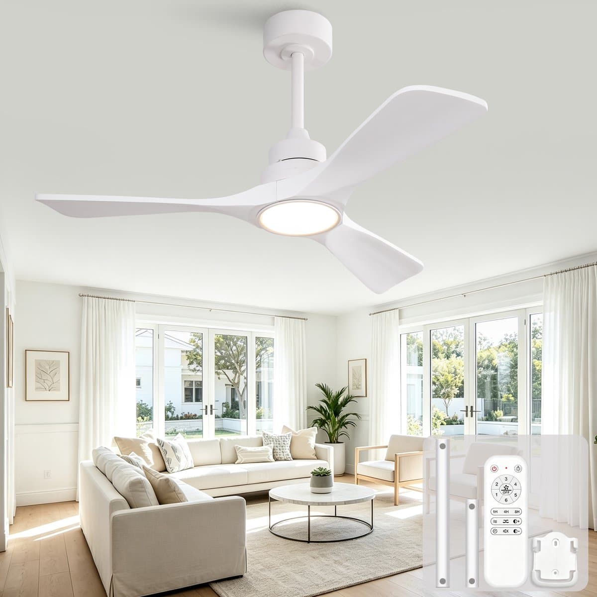 Plafondventilator 42 inch zuiver wit met drie versterkte massief houten propellerbladen - draadloze afstandsbediening - 3 kleurtemperaturen instelbaar - zes snelheidsstanden - omkeerbare DC-motor - stroomuitvalgeheugen — afbeelding 1
