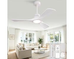 Plafondventilator 42 inch zuiver wit met drie versterkte massief houten propellerbladen - draadloze afstandsbediening - 3 kleurtemperaturen instelbaar - zes snelheidsstanden - omkeerbare DC-motor - stroomuitvalgeheugen