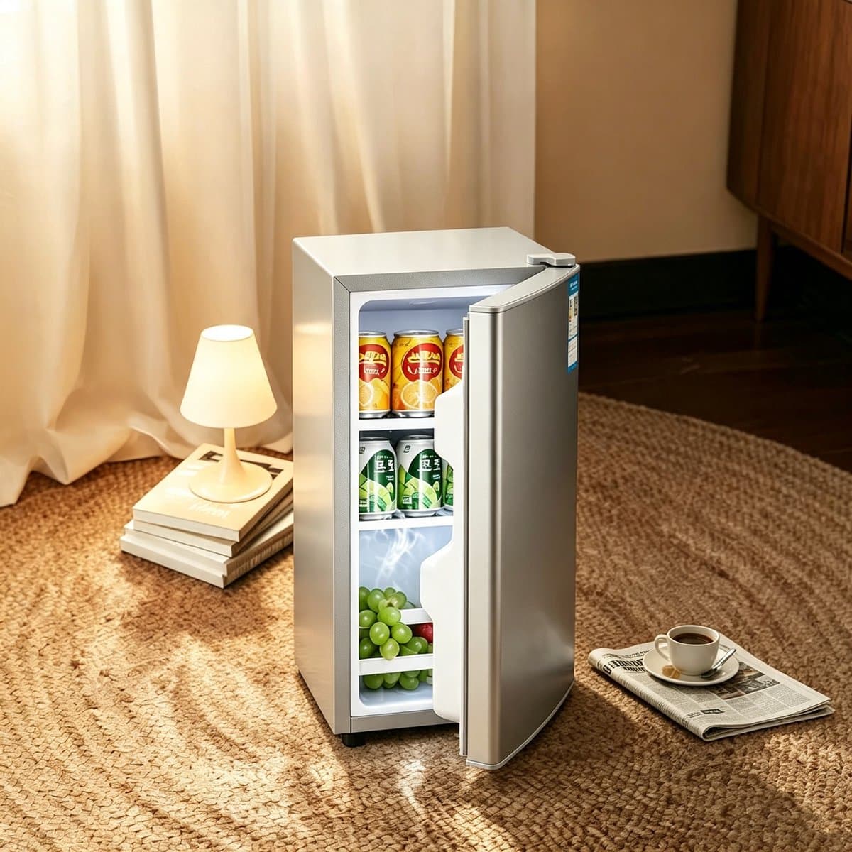 Zilverkleurige één‑deurs minikoelkast van 29 liter met alleen koelfunctie, energie‑efficiëntieklasse A, stil bedrijf van 38 decibel, afmetingen 55×40×39 cm, geschikt voor studentenkamers, kantoren en slaapkamers — afbeelding 1