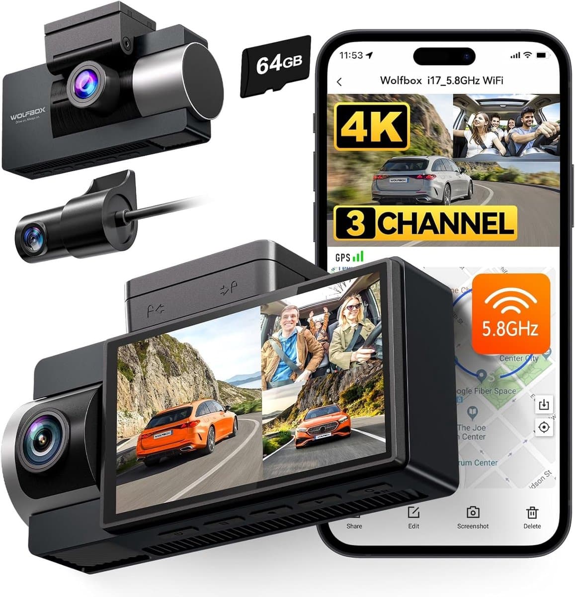 3-kanaals Dashcam - 4K - WiFi en GPS - Nachtzicht - Voor Auto's — afbeelding 1