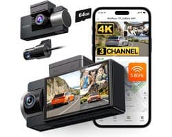 3-kanaals Dashcam - 4K - WiFi en GPS - Nachtzicht - Voor Auto's