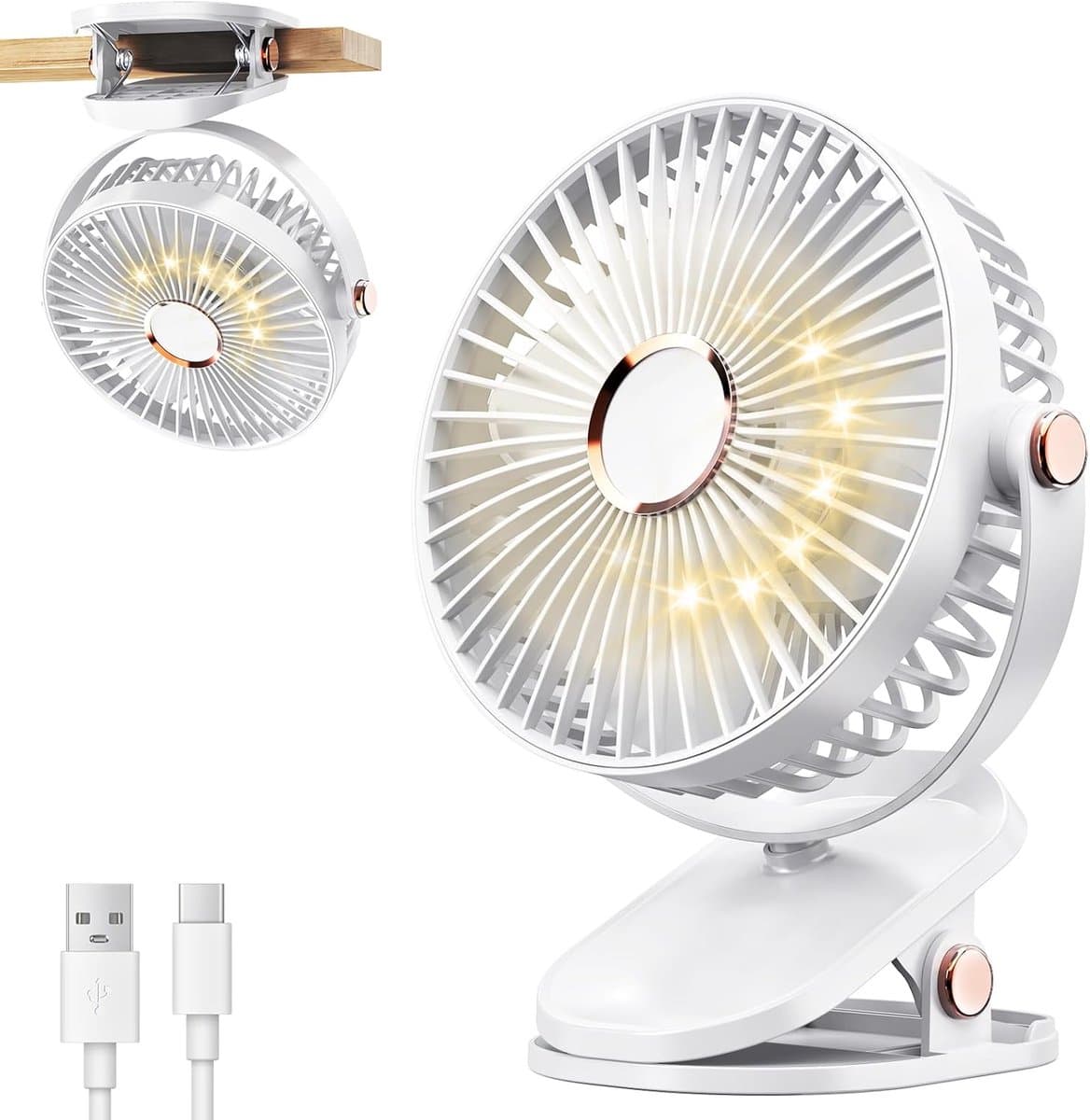 LISM - Draagbare clipventilator met LED-verlichting, USB-bureauventilator op batterijen, stille, oplaadbare mini-bureauventilator met 4 snelheden, 360° draaibare persoonlijke koelventilator Geschikt voor thuis, kantoor, kinderwagen en camping (wit) — afbeelding 1