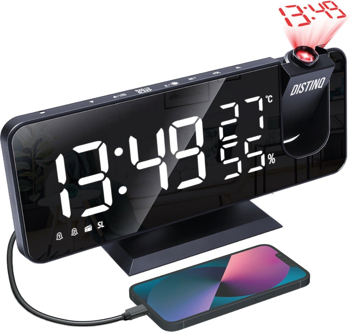 DistinQ Wekkerradio met Projectie en USB - Projectiewekker - Weerstation temperatuur aanduiding - Snooze-functie — afbeelding 1