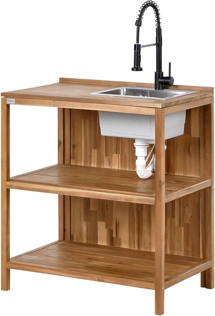 Buitenkeuken met spoelbak - Houten werktafel - Buiten koken - Weerbestendig acaciahout - 80x50x133 cm - Bruin — afbeelding 1