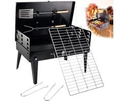 RosaBloom Opvouwbare Houtskool Barbecue - Draagbare Koffer BBQ - Compact Mini Grillrek met Gereedschapset - Zwart - 43x26,5cm