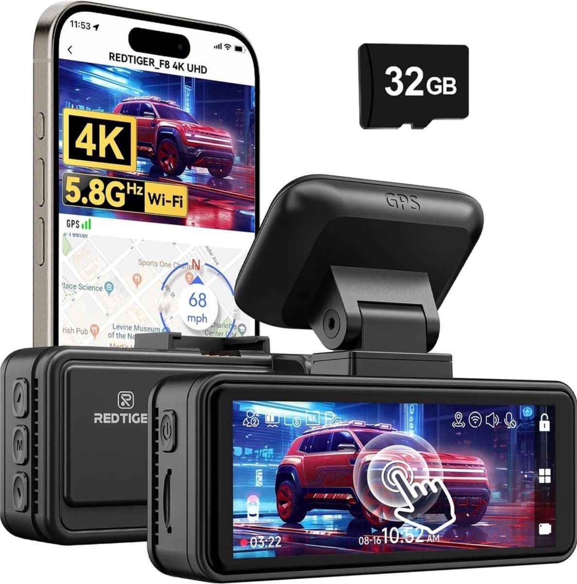 RedTiger F8 Lite Dashcam voor auto - 4K - Voor Camera - WiFi en GPS - 3,18 Inch met App - Dashcams - 2025 model - Sony Sensor - Nachtzicht - Parkeerbewaking - G Sensor - Loop opname - — afbeelding 1
