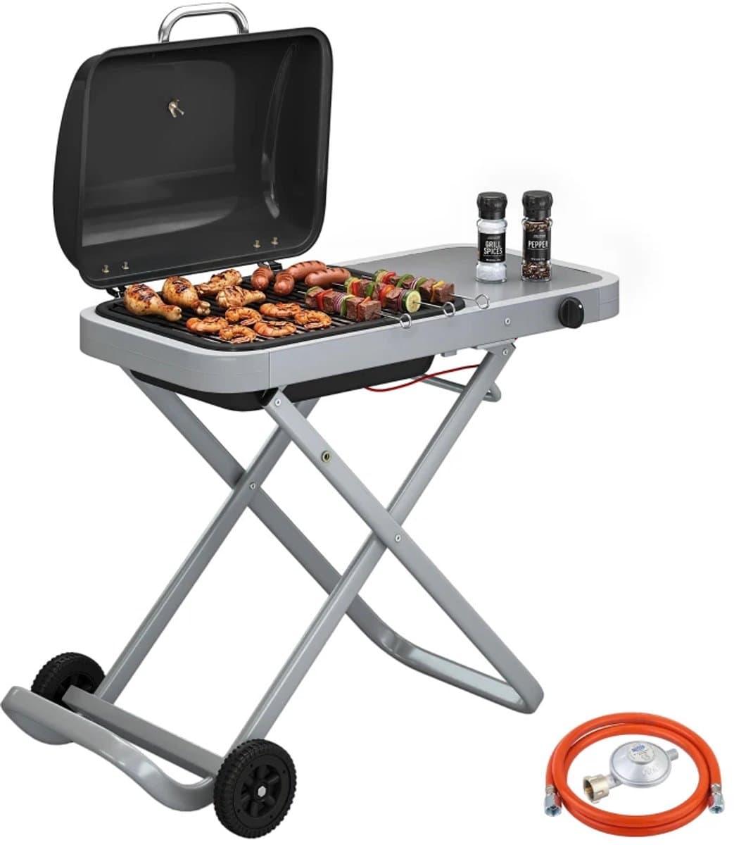 Draagbare Gasbarbecue - Gasbarbecue en grill - 1 Branders - 2,5 kW - Grillwagen - Barbecuewagen - met Grillrooster, Wielen, Inklapbaar Onderstel, Bijzettafels, Thermometer & Deksel - 109 x 55 x 89 cm - Zwart + Zilver — afbeelding 1