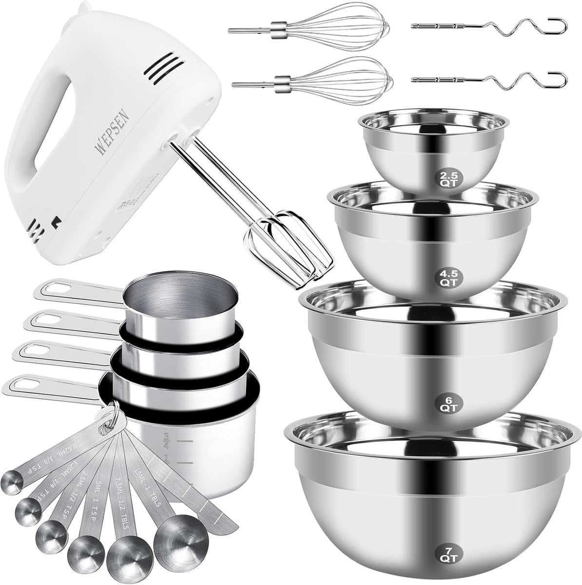 Elektrische handmixer - Keukenhulpset - Bakken en koken - 6 RVS kommen - 7 maten lepels - Zilver — afbeelding 1