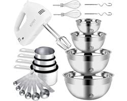 Elektrische Handmixer Set met Roestvrijstalen Mengkommen en Maatbekers
