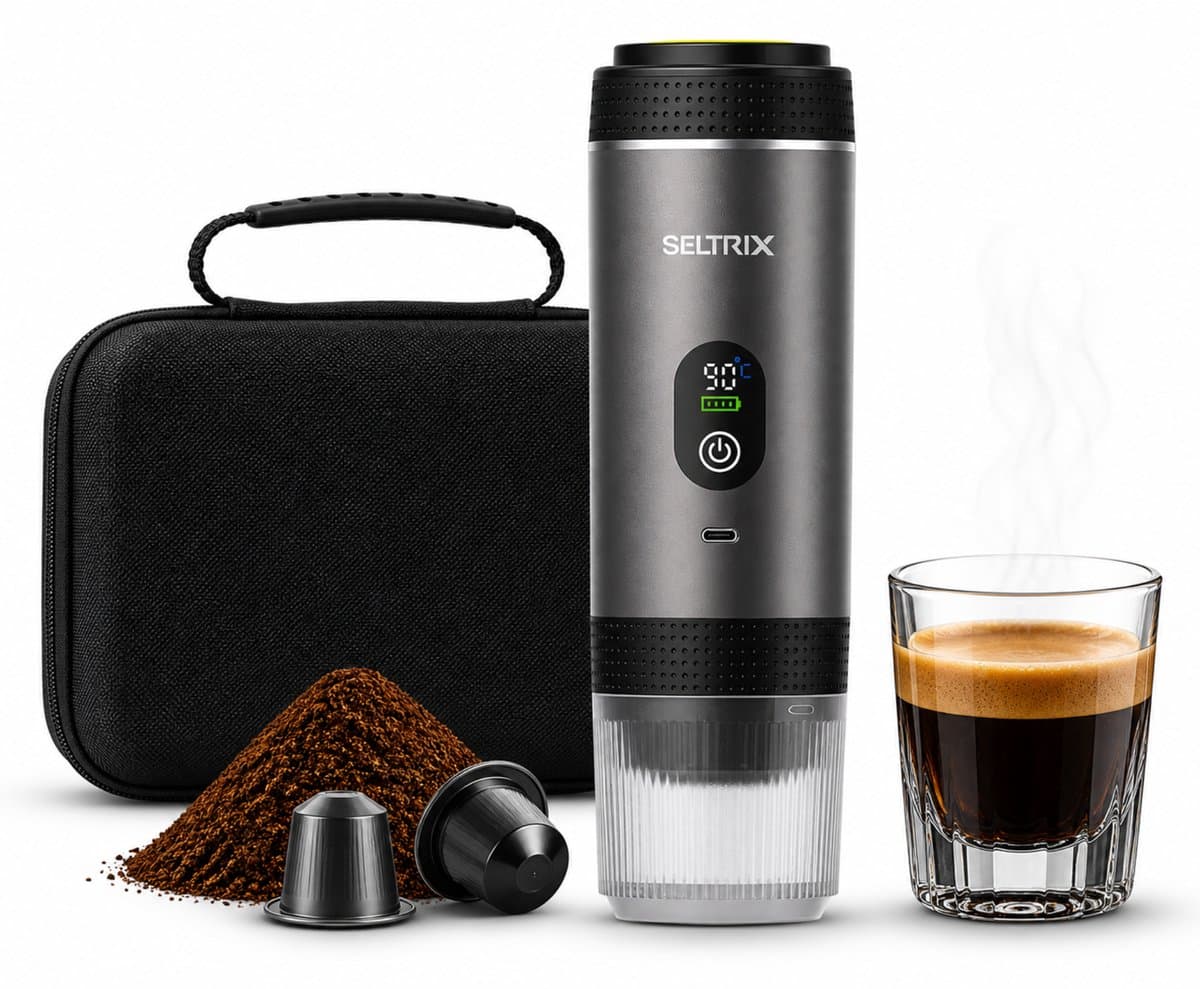 Draagbare Koffiemachine - 20 Bar - Espressomaker voor Onderweg - Inclusief Beschermhoes - 150 ml - 7500 mAh Oplaadbaar - Draagbaar koffiezetapparaat - Cups & Gemalen Koffie - Camping & Reizen - Espresso & Lungo - Seltrix - Grijs — afbeelding 1