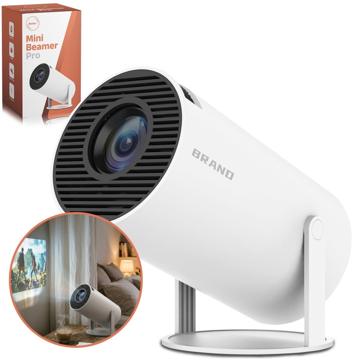 Neotex® Mini Beamer met Android 11 – 4K Ondersteuning – Draagbare HD Projector met WiFi 6 – 130 Inch Projectie – Ingebouwde Speakers – Mini Projector voor Thuisbioscoop, Films & Gaming – Wit — afbeelding 1