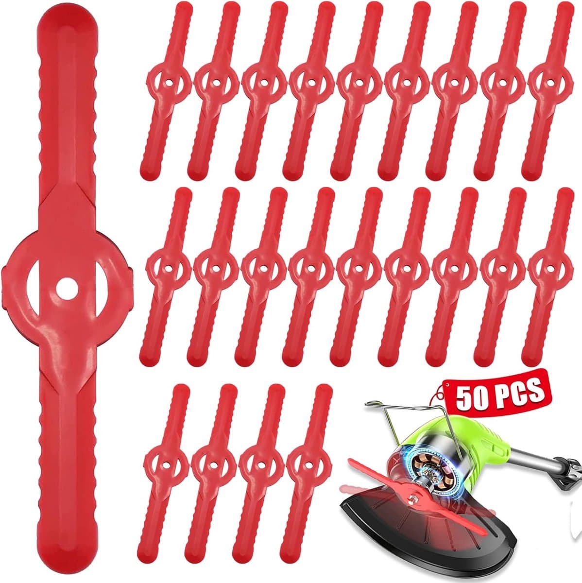 Sander Shop 50 stuks kunststof grastrimmers, 135 mm tuinmaaier, vervangende messen, draadloze grasmaaier, snijmessen, grasmaaier, accessoires, gereedschap voor gazon, tuin, boomgaard, bos of pastoraal — afbeelding 1