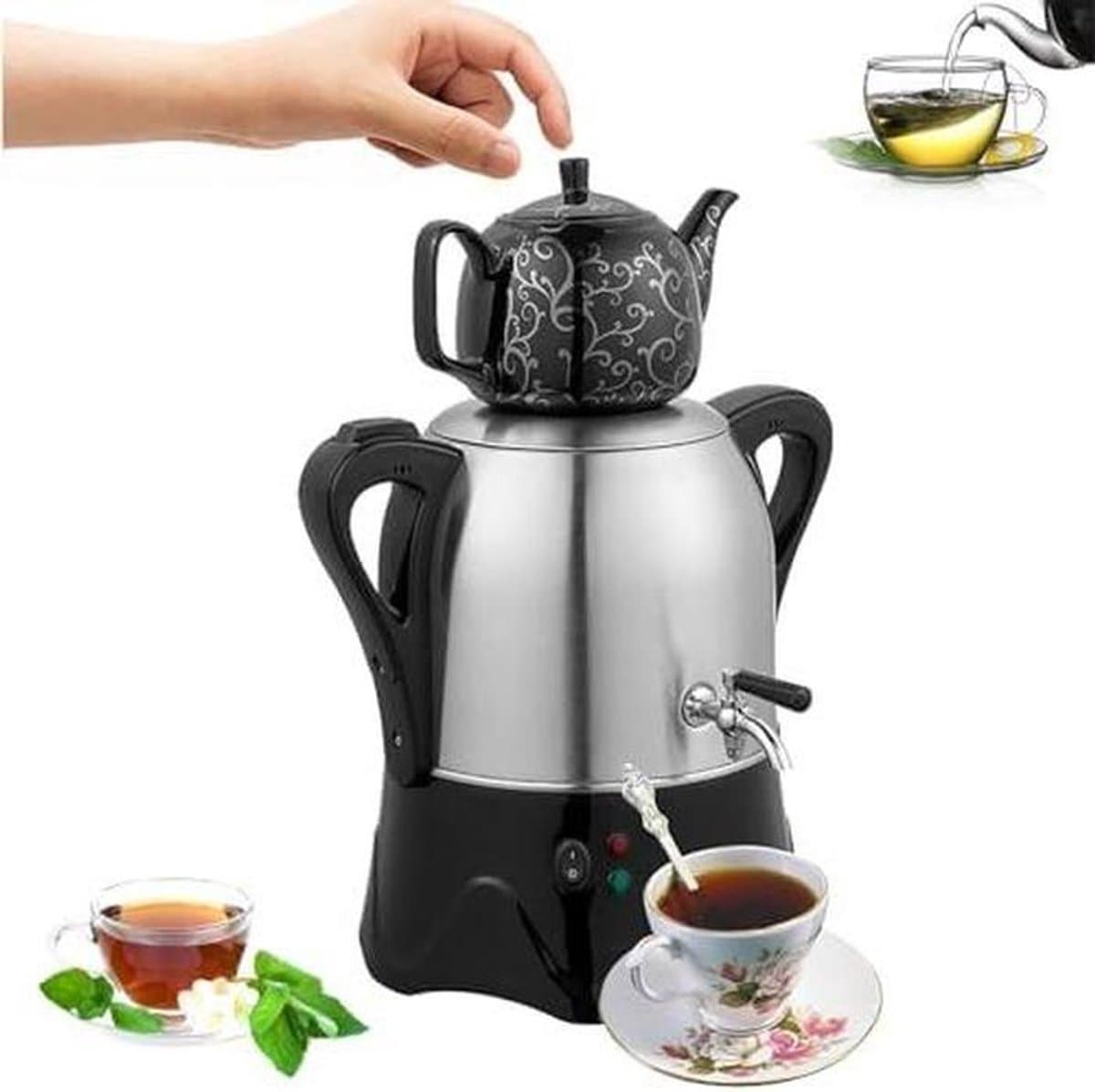 Elektrische Turkse Theemaker, 3L Roestvrijstalen Theepot & 1L Keramische Theepot, Waterkoker Met Twee Lagen En Warmhoudfunctie Voor Turkse Thee, Koffie En Gearomatiseerde Thee. — afbeelding 1