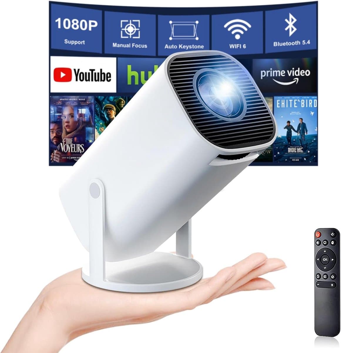 4K, Full HD, 1080p, draagbare projector met WiFi 6 en Bluetooth 5.4, autokeystone en handmatige scherpstelling, 180° draaibaar, compatibel met iOS/Android/HDMI/TV Stick/laptop/pc — afbeelding 1