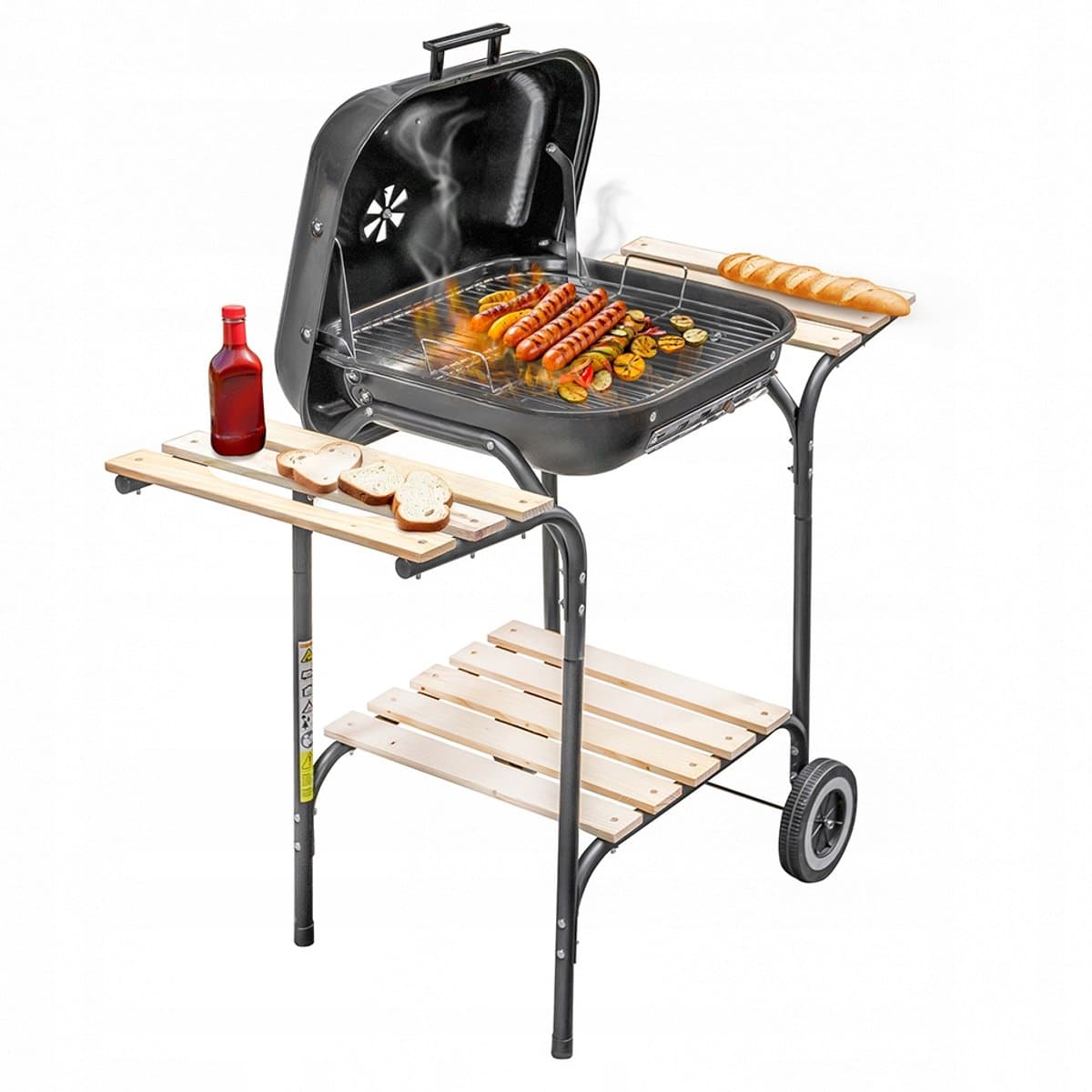 Mega-M Houtskoolbarbecue Wagen - Met Deksel en Verchroomd Rooster - Verrijdbaar - 2 Zijtafels - Geëmailleerde Vuurpan - Voor Tuin en Terras — afbeelding 1
