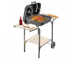 Mega-M Houtskoolbarbecue Wagen - Met Deksel en Verchroomd Rooster - Verrijdbaar - 2 Zijtafels - Geëmailleerde Vuurpan - Voor Tuin en Terras