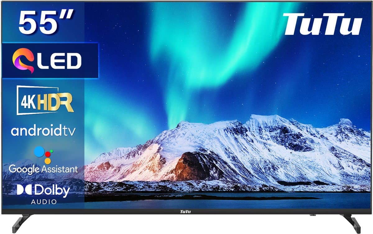 TuTu Android Smart TV - QLED 4K Ultra HD - 55 inch/140 cm - Voice Controle & Streaming apps - HDMI x3, USB x2, CI+ - Tripple Tuner DVB-T/T2/S/S2/C - Frameless Design - Geassembleerd in Eindhoven - TUQ55UN1 — afbeelding 1