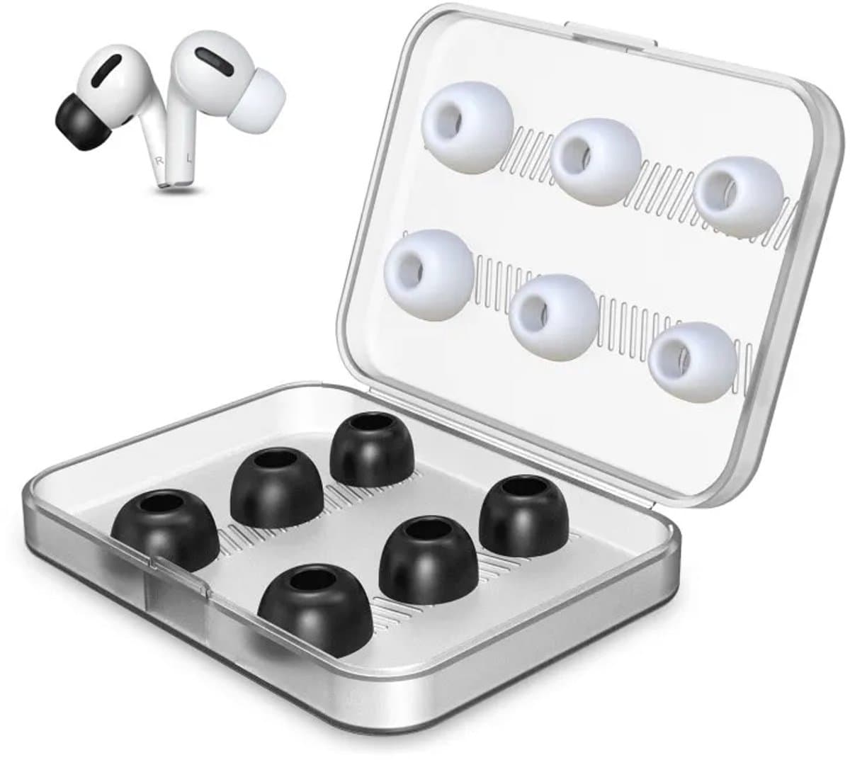 AirPods Pro 1/2 gen Vervanging Tips Mix Memory Foam(3 paar, zwart) Silicone(3 paar, wit) S/ M /L met Case - Geluidsisolerend - Beter dan Origineel — afbeelding 1