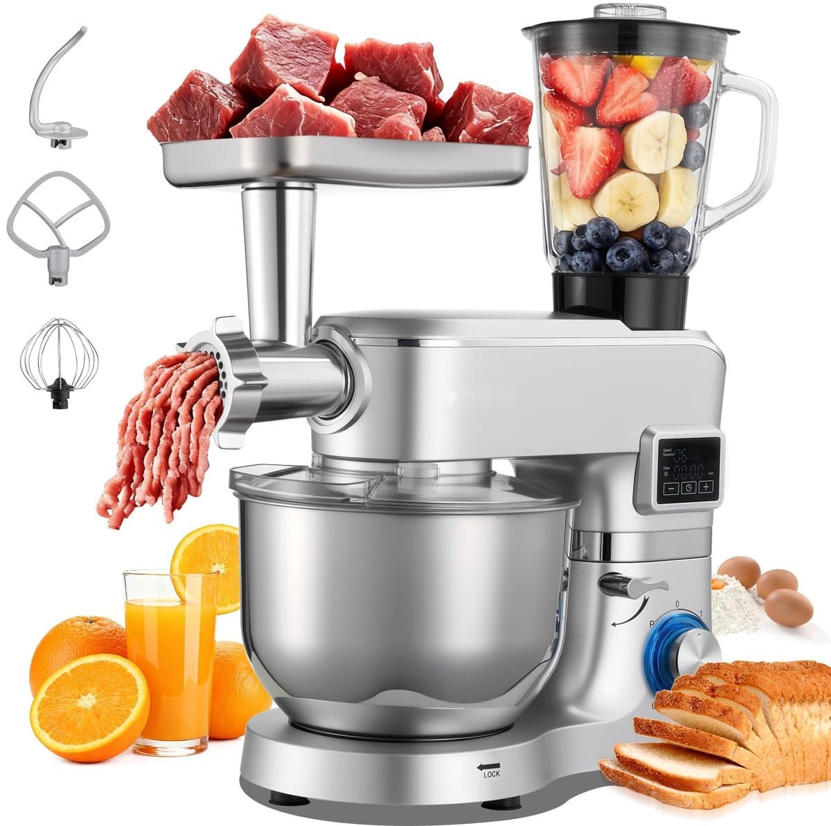 Elektrische Keukenmachine - Standmixer/Deegmixer - 1500 W - RVS Kom 5,7 L - Mengkom 1,5 L - 6+P Snelheden - Inclusief Deeghaak, Garde En Klopper — afbeelding 1