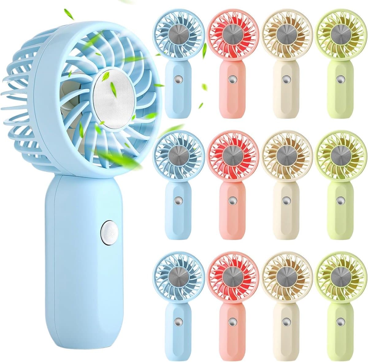 12-pack mini draagbare handventilatoren voor op reis, 3 snelheden, oplaadbare USB-batterij, kleine persoonlijke wimperventilatoren voor vrouwen buiten (groen, roze, blauw, wit, schattige stijl) — afbeelding 1