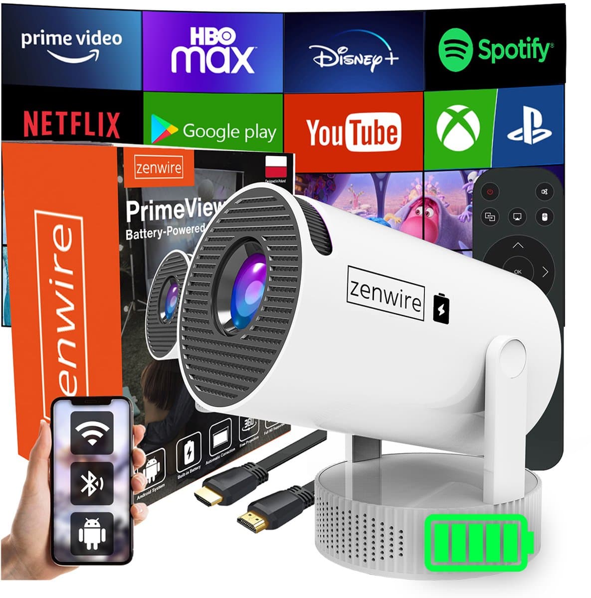 Zenwire K400 Draagbare Mini Beamer met Accu - 1024x600p met Full HD Support - Tot 2 Uur Accuduur - Android Smart TV - WiFi 6 - Bluetooth — afbeelding 1