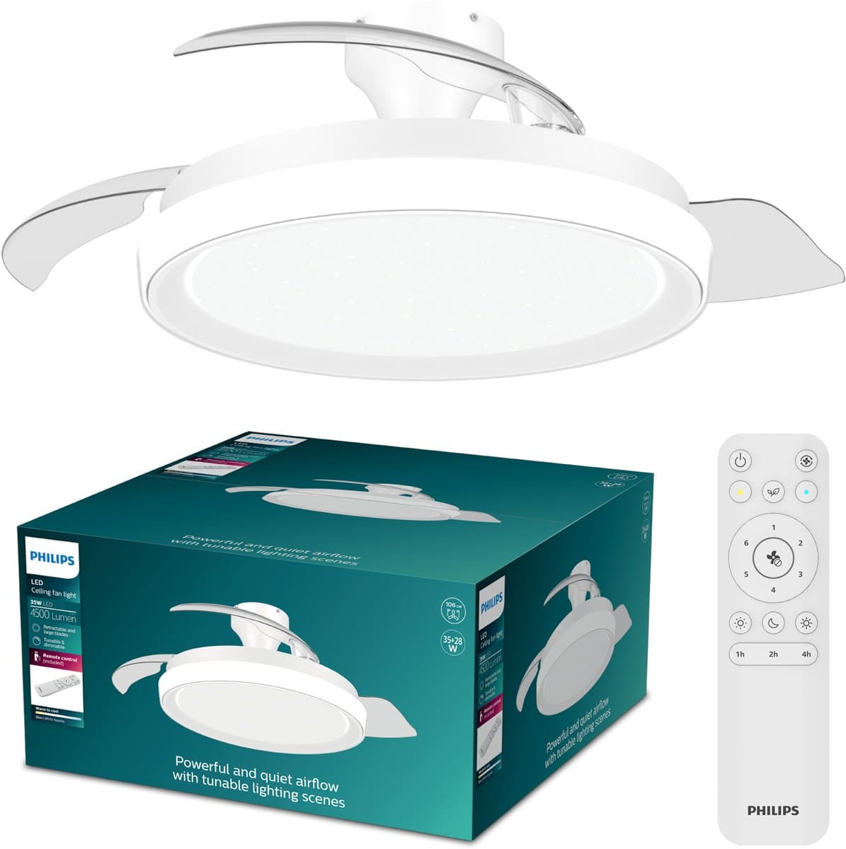 Philips Bliss Plafondventilator met ingebouwde LED-lamp - 3 Intrekbare bladen, diameter: 106cm - 4500 Lumen - Instelbaar wit licht van 2700K tot 6500K - Dimbaar tot 5% - Afstandsbediening - Wit met glinstering — afbeelding 1
