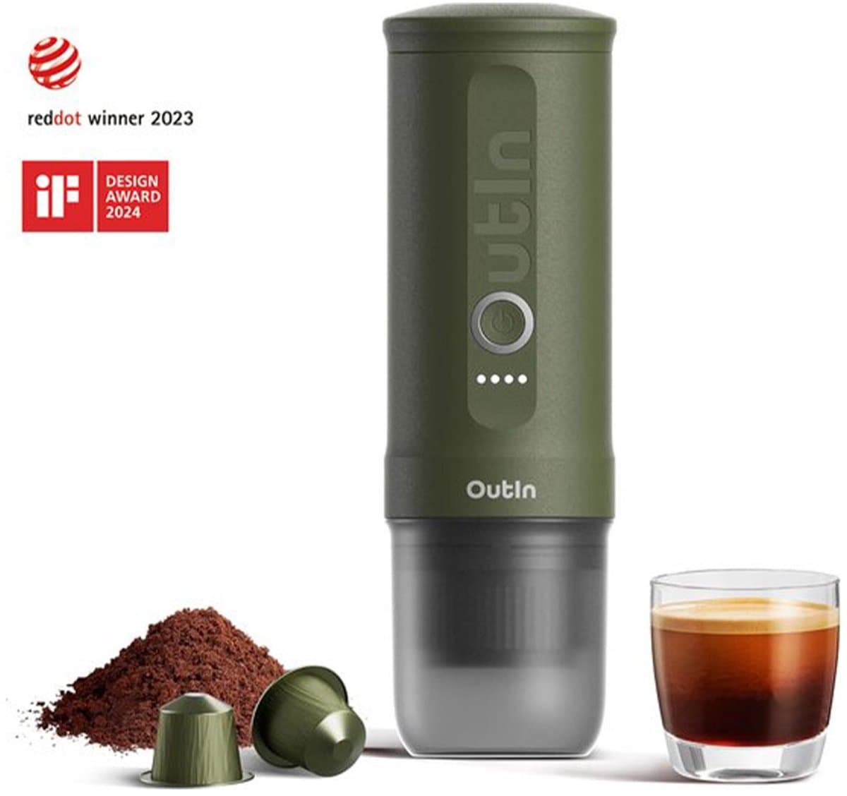Outin - Draagbare Elektrische Espressomachine | Koffiezet apparaat voor Onderweg | Capsules & Gemalen Koffie | Portable Espresso Machine | Snelle Waterverwarming | 20 bar | Draagbare Koffiemachine | Reis & Camping Koffiezetapparaat | 12 volt — afbeelding 1