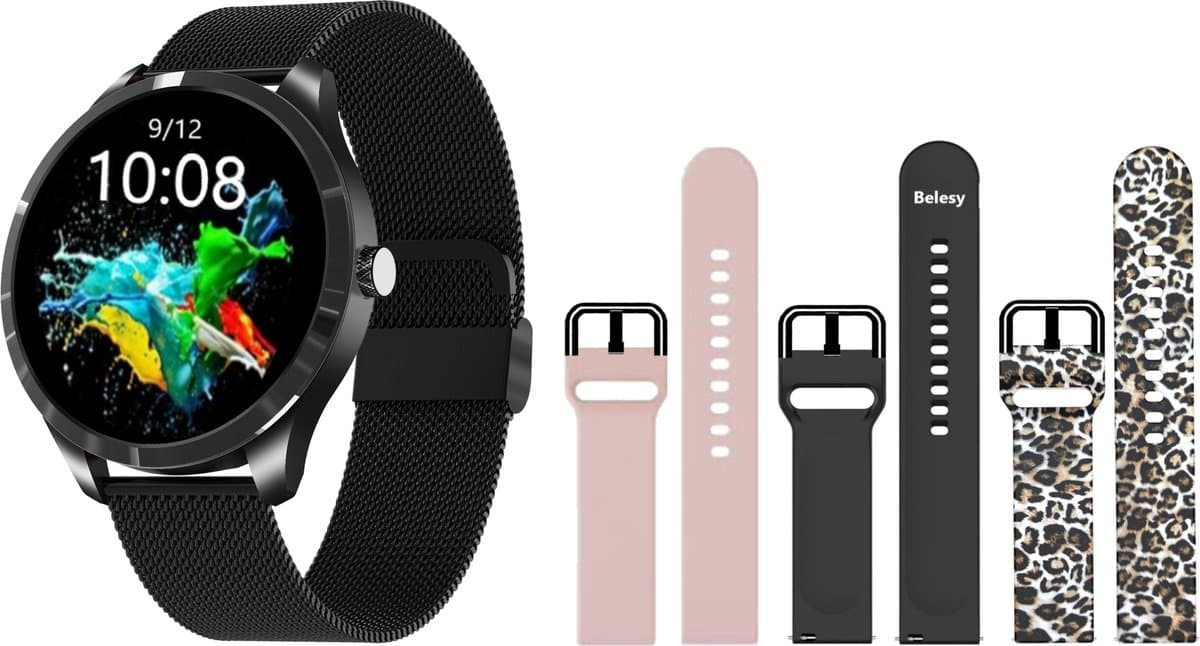 Belesy® Q9 Pro - Smartwatch Dames – Smartwatch Heren - Horloge - 1.28 inch - Kleurenscherm - Stappenteller - Bloeddruk - Hartslag - 75+ Wijzerplaten – Sporten – Milanees – Staal – Zwart - Kerstcadeau — afbeelding 1