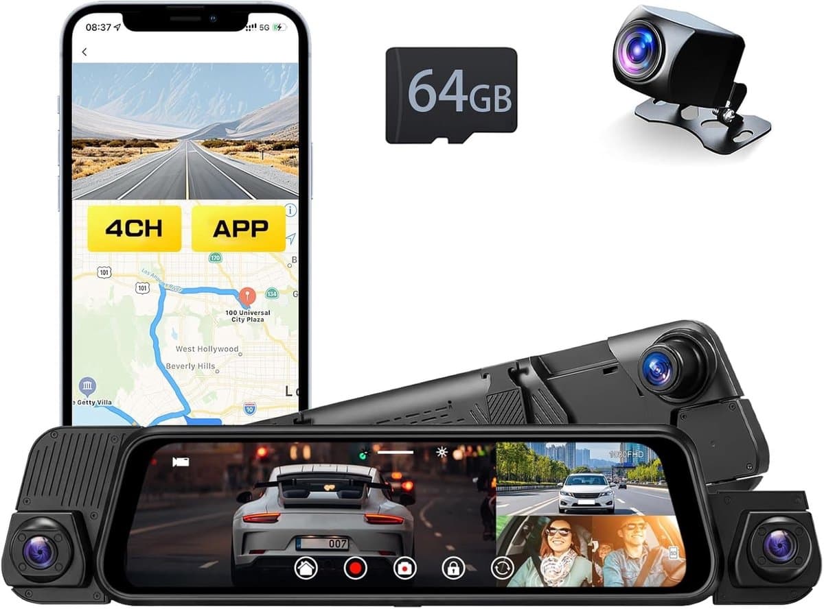 Dashcam voor auto - Zwart - 9,66 inch IPS-touchscreen - 4-kanaals spiegel dashcam met nachtzicht - Voor voertuigen met achteruitkijkspiegel — afbeelding 1