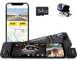 Dashcam voor auto - Zwart - 9,66 inch IPS-touchscreen - 4-kanaals spiegel dashcam met nachtzicht - Voor voertuigen met achteruitkijkspiegel