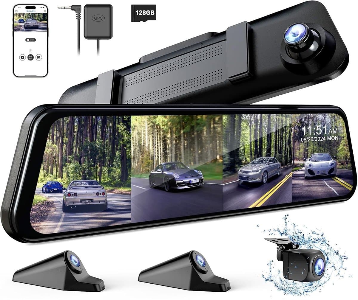 Dashcam voor auto - Zwart - 12 inch - 4-kanaals spiegel dashcam met 4×FHD camera’s en GPS - Voor optimale 360° bewaking — afbeelding 1