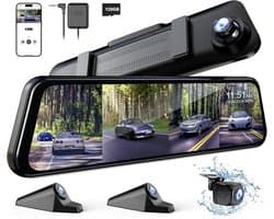 Dashcam voor auto - Zwart - 12 inch - 4-kanaals spiegel dashcam met 4×FHD camera’s en GPS - Voor optimale 360° bewaking