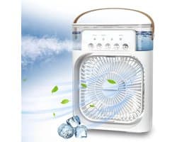 Deze 4-in-1 draagbare airconditioner combineert airconditioning, een ventilator, drie ventilatorsnelheden, een timer, een luchtbevochtiger (600 ml waterreservoir), USB-opladen, een luchtkoeler en een stille modus – in het wit.