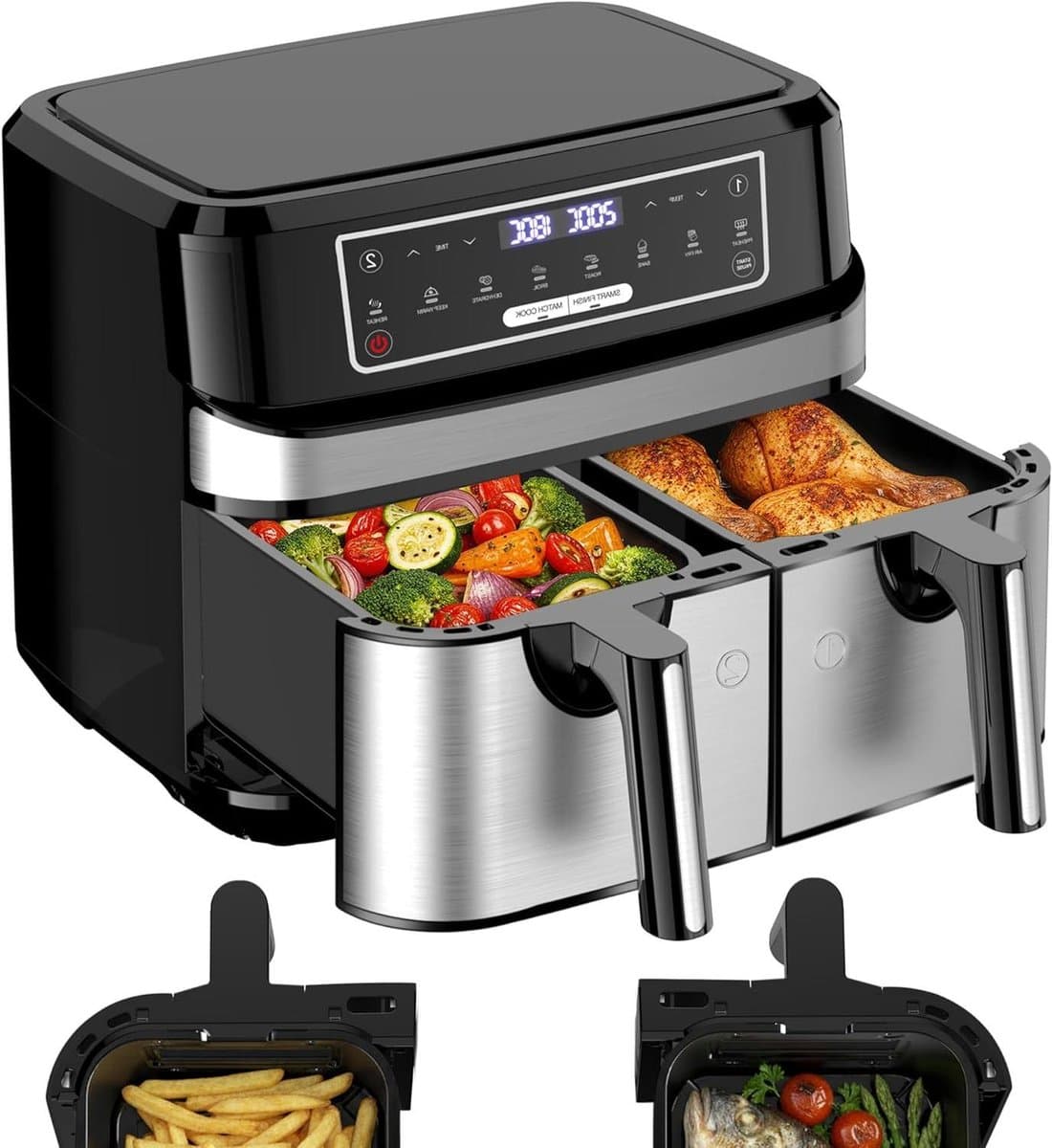Airfryer Dubbel Compartiment - Olievrije Frituurpan - Gezond Koken - Slimme Finish Functie - 9 Liter Totaal - Zilver — afbeelding 1
