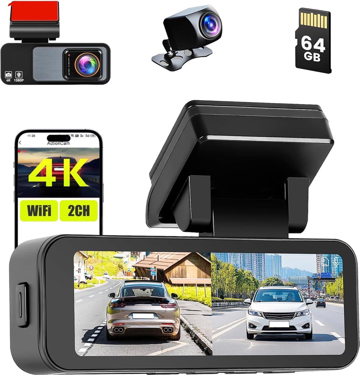 SnelShoppen - 4K Dashcam Auto met Wifi GPS, Dual Camera 4K + 1080P, 3,16 inch IPS Scherm, Nachtzicht, G-sensor, 64 GB SD-kaart, App Besturing — afbeelding 1