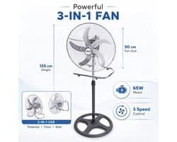 House Of Atelier - 3-in 1 Ventilator - Staande, Tafel en Muur Ventilator - 65 W vermogen - Verstelbare hoogte - 3 Snelheden - Zwart