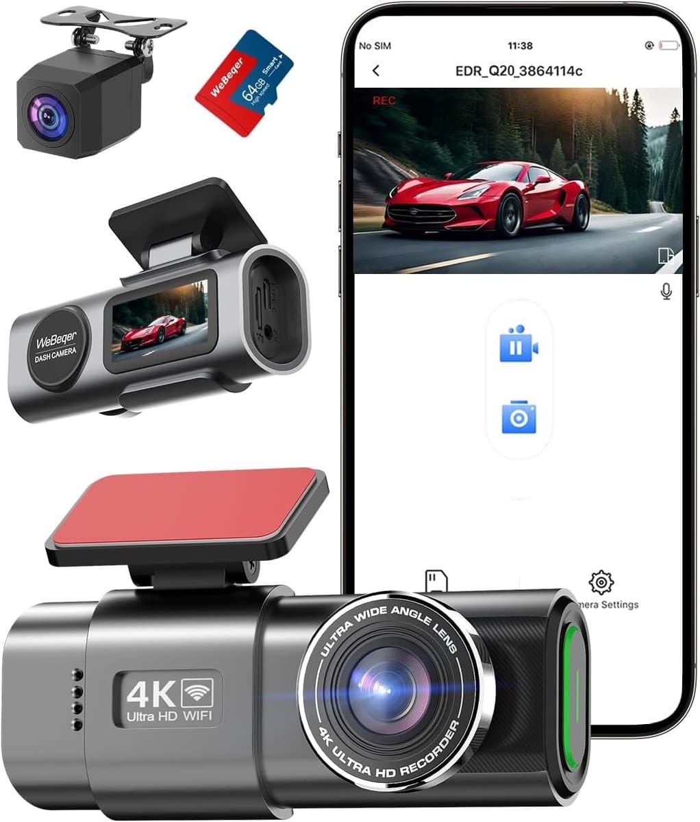 Dashcam Auto Voor en Achter 4K+1080P met WiFi - Loskoppelbare Camera - 64GB SD-kaart - 170°+140° Groothoek - Nachtzicht - Parkeerbewaking — afbeelding 1