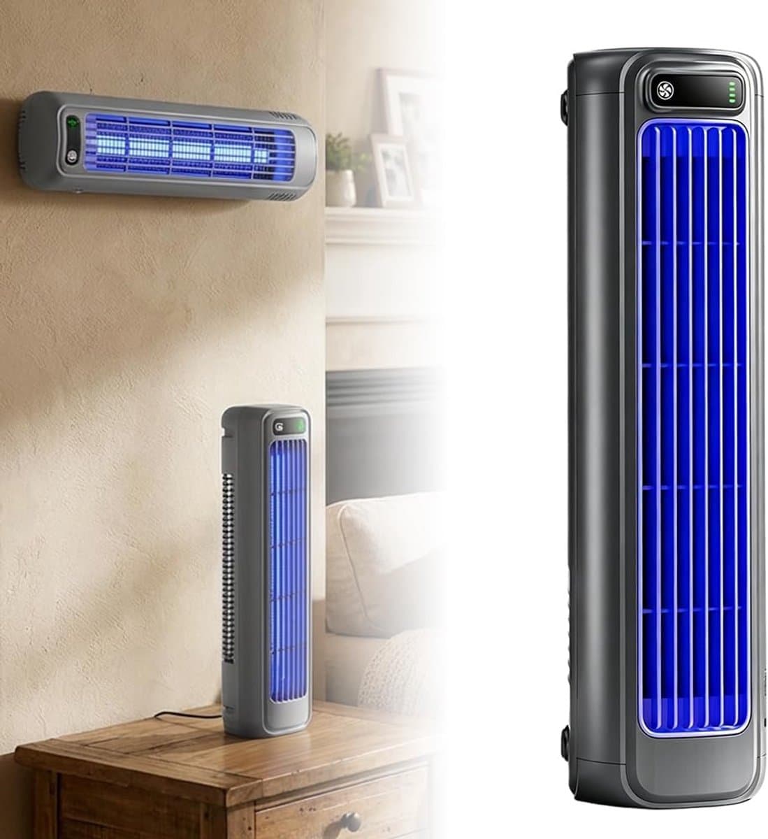 Torenventilator - Ventilator - Mobiele Aircooler - Desktop Ventilator - Mini Luchtkoeler - 2000mAh - Tafel + Muur - Stille Motor - 3 Standen - Tower Fan - Voor Woonkamer Slaapkamer en Kantoor — afbeelding 1