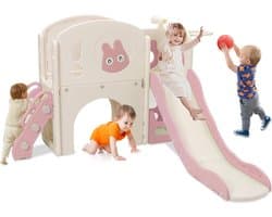 Kinderglijbaan met klimrek, 6-in-1 kinderglijbaan met telescoop, basketbalmand, platformgang, kinderspeelplaats, glijbaanlengte 160 cm (roze)