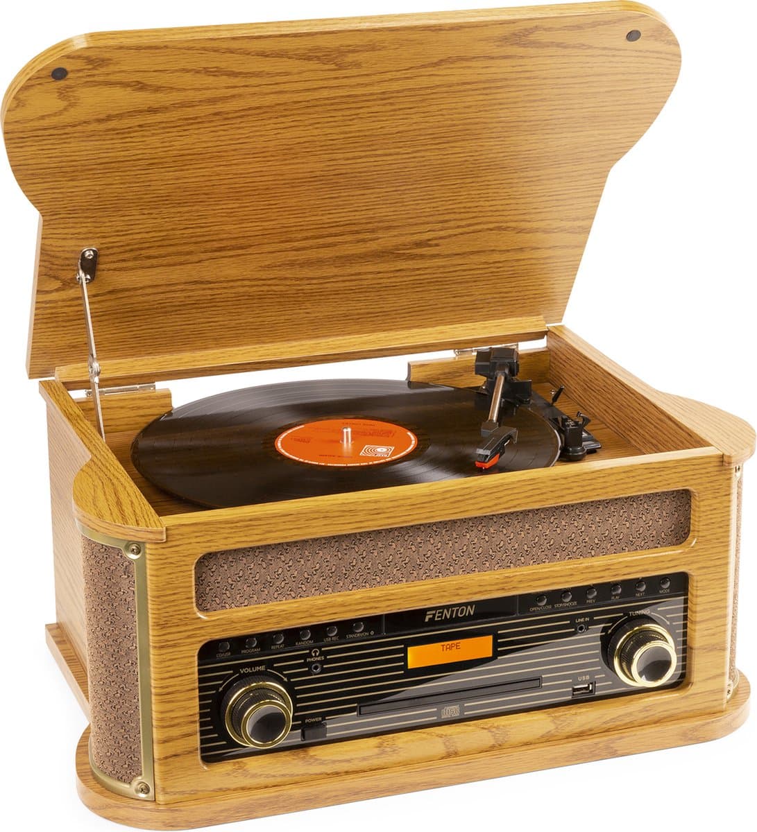 Retro platenspeler Bluetooth - Fenton Memphis - Met FM en DAB radio - Cassette speler - Lichtbruin — afbeelding 1