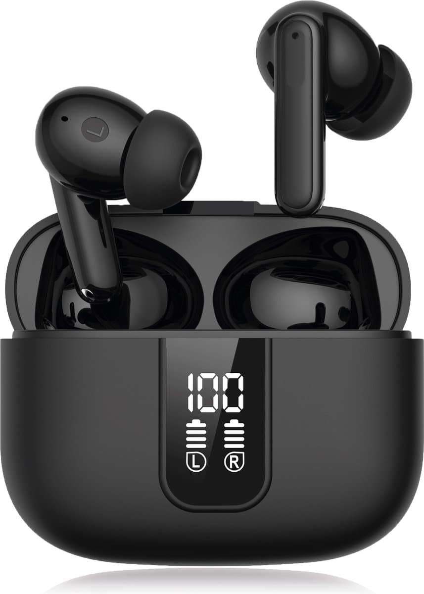 Nubex® Draadloze Oordopjes – Bluetooth Oordopjes – Oortjes draadloos – Oordopjes draadloos - Earpods geschikt - Draadloze oortjes bluetooth - Noise cancelling ANC+ENC - Universeel - BT 5.3 - Zwart — afbeelding 1